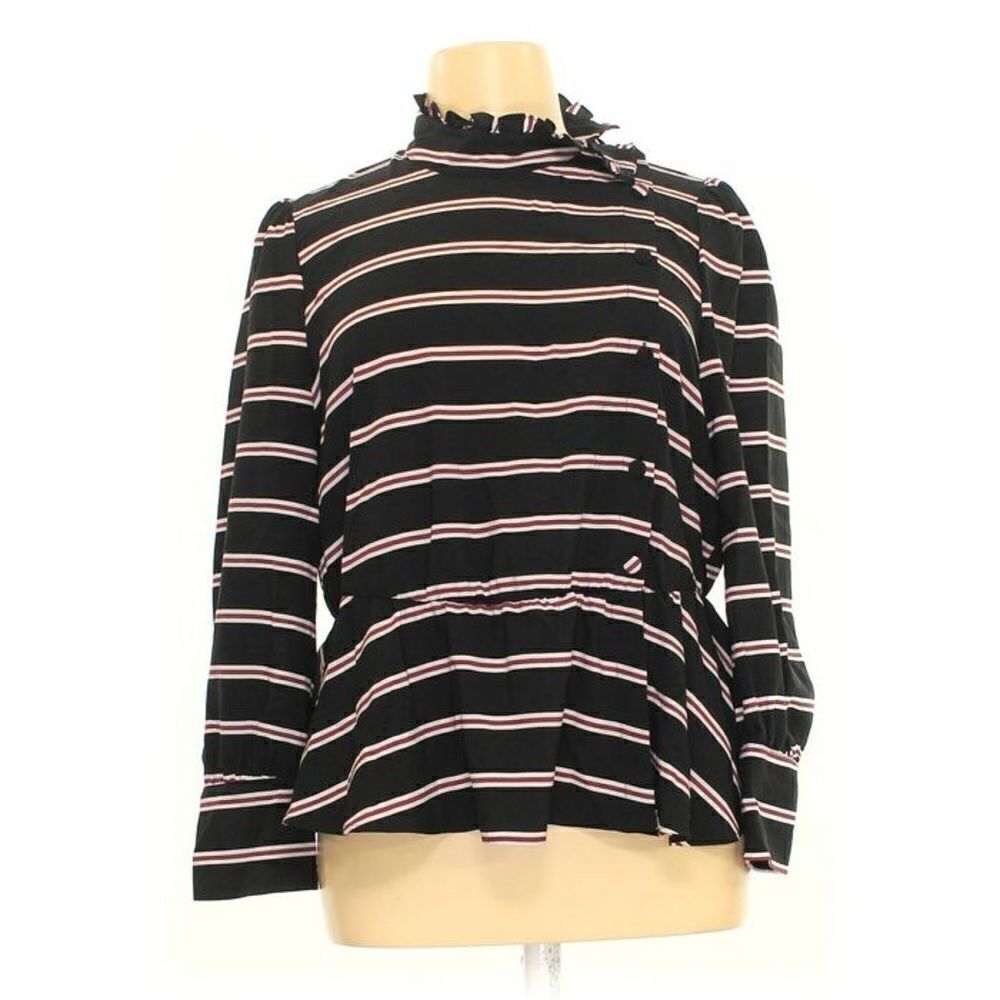 Who what wear black stripe Mock neck peplum asymmetrical button career blouse M